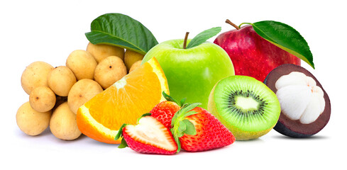 Pile of various types of fresh organic fruits ( red strawberry, green apple, mangosteen, kiwi, orange and lansium demesticum fruit ) isolated on white background. 