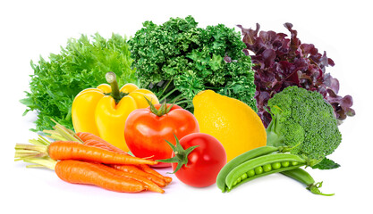 Pile of fresh organic mix vegetables ( batavia lettuce, coral salad, capsicum, bell pepper, carrot, tomato, yellow lemon, green pea, broccoli, parsley ) isolated on white background. 