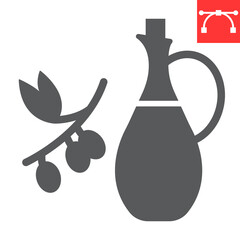 Bottle of olive oil with branch glyph icon, cook and keto diet, olive oil sign vector graphics, editable stroke solid icon, eps 10.