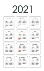 2021 Calendar Planner Design.Week Starts on Sunday.