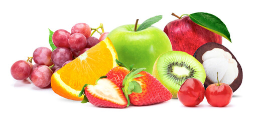 Pile of various types of fresh organic fruits ( red strawberry, green apple, mangosteen, kiwi, orange, acerola cherry and grapes fruit ) isolated on white background. 