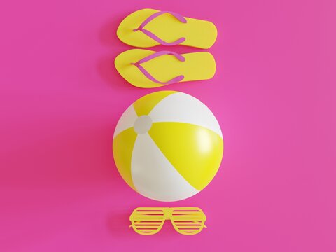 Summer Shutter Sunglasses Flip Flop Sandals And Beach Ball Minimalistic Flatlay