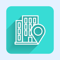 White line Map pointer with house icon isolated with long shadow. Home location marker symbol. Green square button. Vector Illustration.