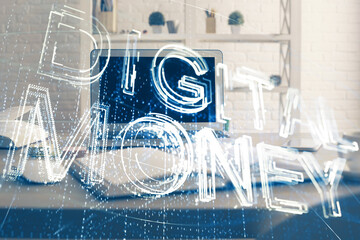 Multi exposure of blockchain theme hologram and table with computer background. Concept of bitcoin crypto currency.