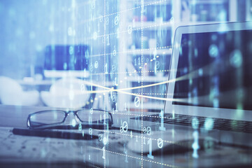 Fototapeta premium Technology theme drawing and table with computer. Multi exposure. Concept of information.