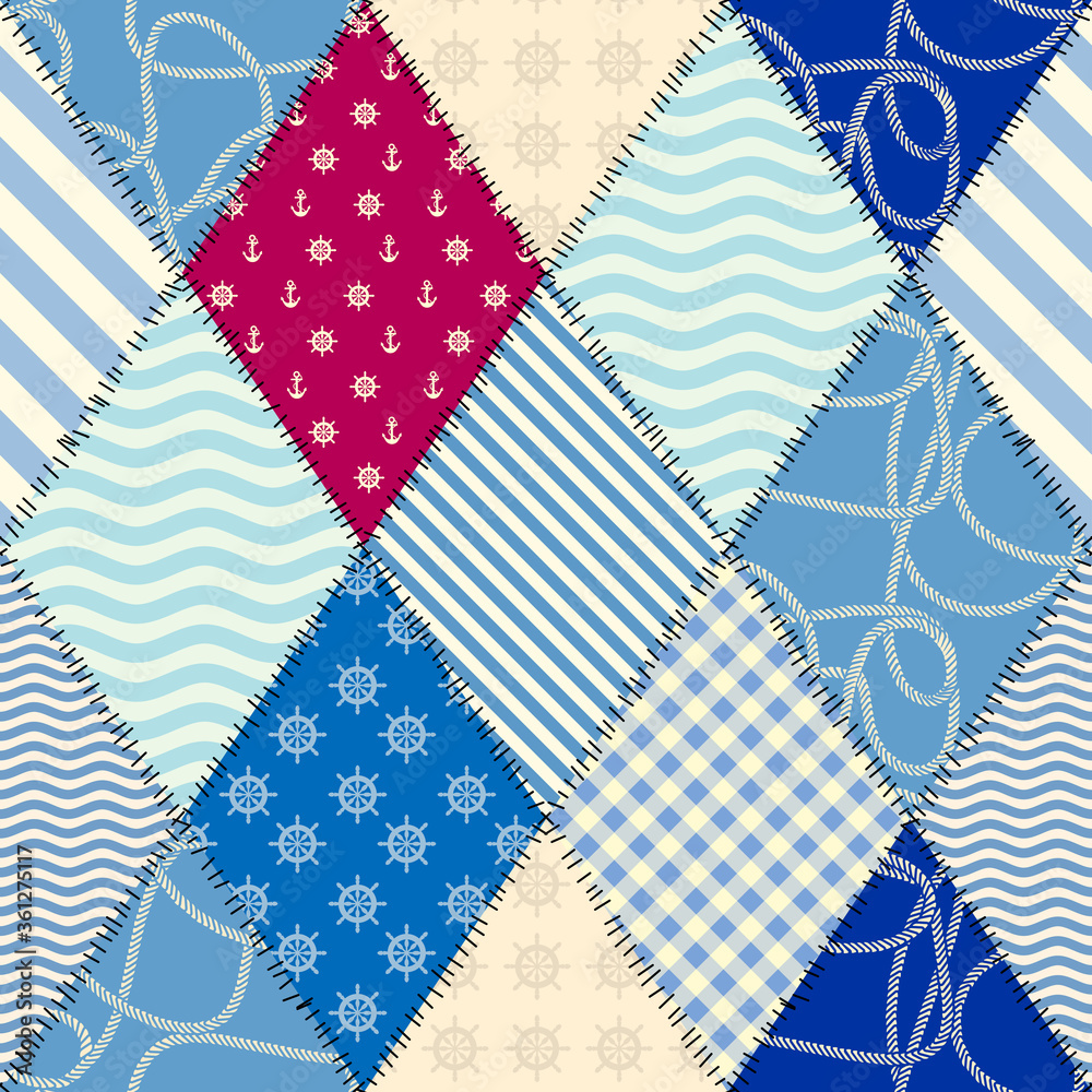 Poster Patchwork seamless pattern in marine style. Vector image.