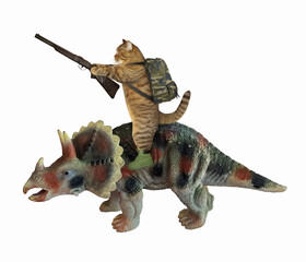 The beige cat warrior in a boots with a rifle and a backpack is riding a war triceratops. White background. Isolated.