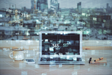 Technology theme drawing and table with computer. Double exposure. Concept of information.