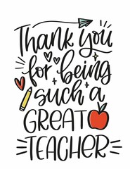 Fototapeta Elementary school teacher gratitude vector print design. Thank you for being such a great quote vector design with writing supplies, red apple, pencil, heart, paper plane clipart images. obraz