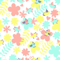  Seamless pattern with cute birds and flowers.