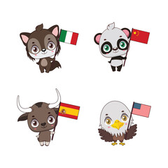 Cute national animals with their country flags