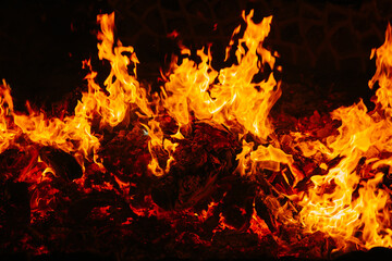 Fire flames isolated on black background. Copy space. 