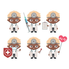 African American male doctor mascot with various poses