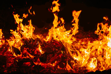 Fire flames isolated on black background. Copy space. 