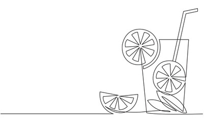 Lemonade Glass of water with lemon and mint. A refreshing citrus drink. Detox. Diet food. Continuous line drawing. Vector sketch.