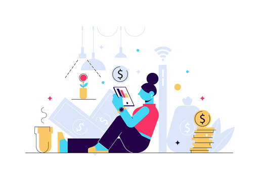 Making money and earning. Freelance, online job or business. Home office concept, woman working from home with ipad. Trendy flat vector illustration.