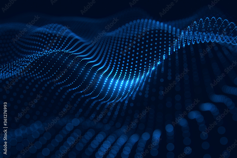 Leinwandbilder moving neon blue dots pattern forming a digital network connection on dark background