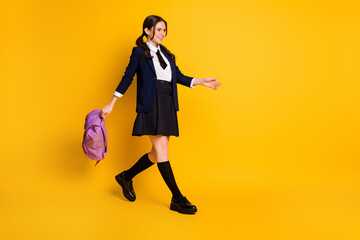 Full length body size view of her she nice attractive pretty cheerful cheery schoolgirl nerd going...