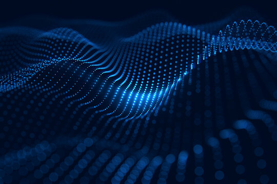 Moving neon blue dots pattern forming a digital network connection on dark background