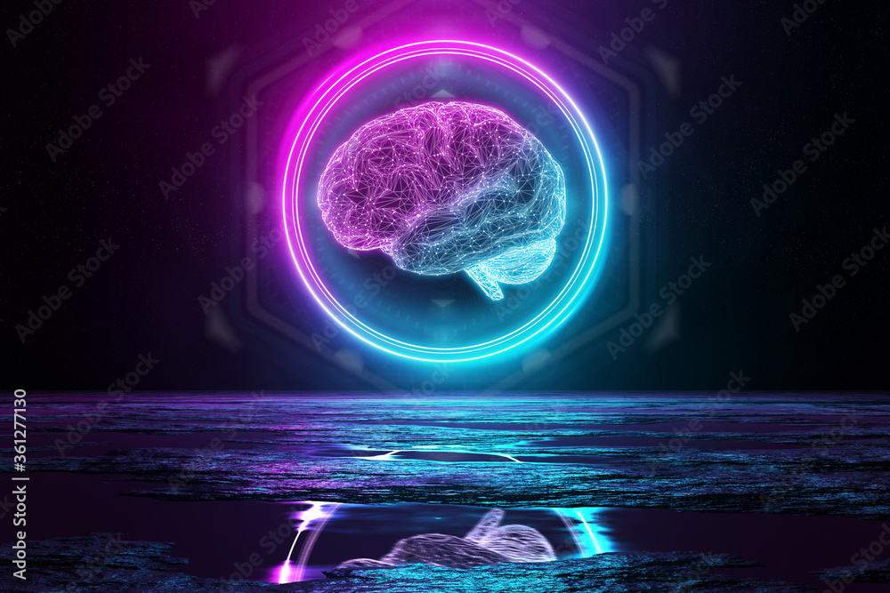 Poster digital brain holographic icon illuminating the floor with blue and pink neon light 3d rendering