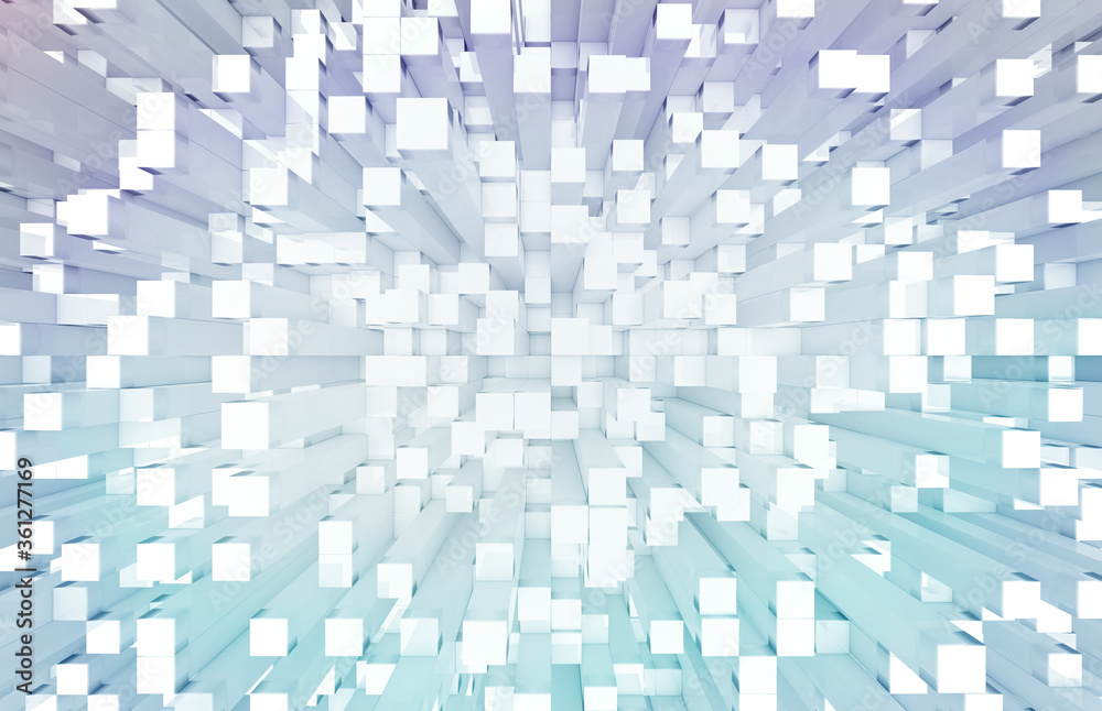Poster Glowing white and blue squares background pattern 3D rendering