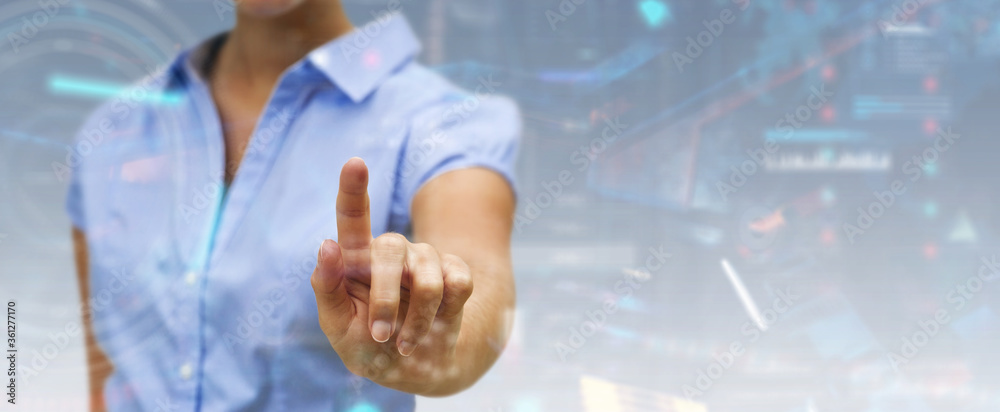 Fototapete woman using digital technological interface with datas 3d rendering