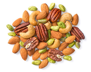 Fototapeta premium unsalted mixed nuts isolated on white background, top view