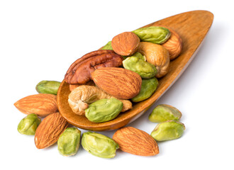 unsalted mixed nuts in the wooden spoon, isolated on white background