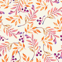 Seamless  watercolor pattern. Orange twigs with berries on a beige background