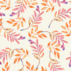 Seamless  watercolor pattern. Orange, pink twigs on beige background