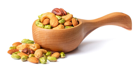 unsalted mixed nuts in the wooden spoon, isolated on white background