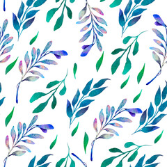 Seamless simple watercolor pattern. Green, emerald, purple twigs on a white background