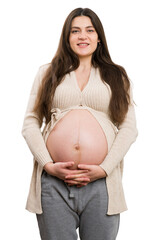 Happy pregnant woman holding her belly with hands crossed