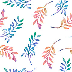 Fototapeta na wymiar Seamless simple watercolor pattern. Pink and emerald twigs on white background