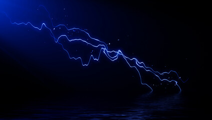 Abstract realistic blue nature lightning thunder background . Bright curved line on isolated texture overlays. Reflection on water . Stock illustration.