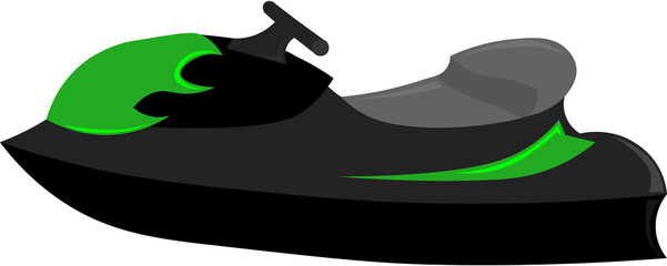 Black jet ski with a green neon pattern. Vehicle on water. Sea, beach and tourism. Sports recreation, active entertainment.