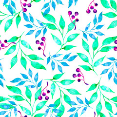 Seamless watercolor pattern. Bright green and blue leaves with berries on a white background