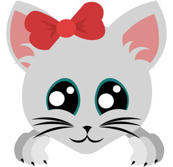 White kitten with a bow. Domestic cat. Pet. Muzzle with big blue eyes. Design for pet shop, veterinary clinic and shelter.