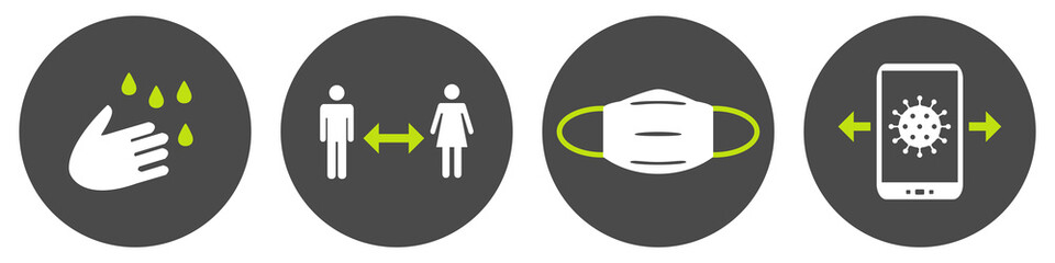 Hände waschen, Abstand halten, Maske tragen, App benutzen - Cornavirus Konzept schwarz grün