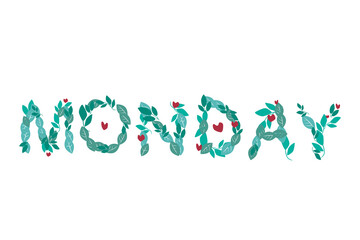 Monday as text or word with font from green leaves isolated on white background for organizer or bullet journal, vector stock illustration with text of the day of the week
