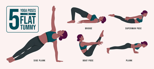5 Yoga Poses For A Flat Stomach.Young woman practicing yoga / exercises. Woman workout fitness, aerobic and exercises. Vector Illustration.