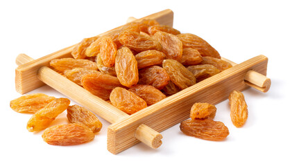 yellow raisins in the bamboo plate, isolated on white background