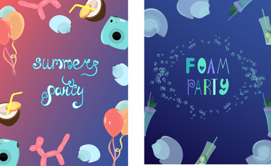 Summer foam party. Bright postcard. Multi-colored balls and a camera. Seashells. Pinacolada and mojito. Design for fraer, invitation and advertising.