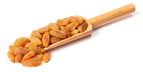 yellow raisins in the wooden scoop, isolated on white background