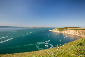 Late summer evening at the Needles.Beautiful landscape from The Needles Isle of Wight,one of the most romantic and iconic places in England,Needles park Isle of Wight