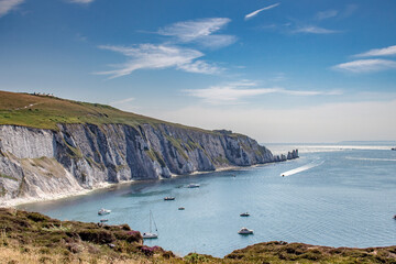 Late summer evening at the Needles.Beautiful landscape from The Needles Isle of Wight,one of the most romantic and iconic places in England,Needles park Isle of Wight