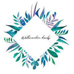 Watercolor illustrations. Rhombic frame with botanical leaves. Ideal for wedding invitations, cards, posters