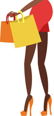 Slender legs in orange high-heeled shoes. Girl in a red mini skirt. Multi-colored bags and bags for shopping.