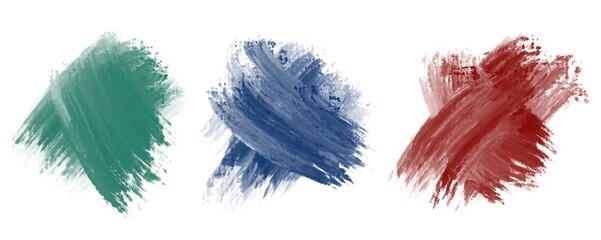 Set of color Brush Strokes. Collection of green, red, blue  stain art background. Isolated on white background. Design elements for banner, poster, cover, brochure, flyer.