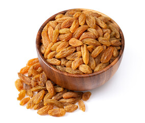 close up of raisin in the wooden bowl, isolated on white background